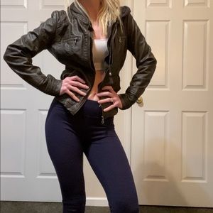 Motorcycle/Bomber Jacket, Faux Leather with Hoodie